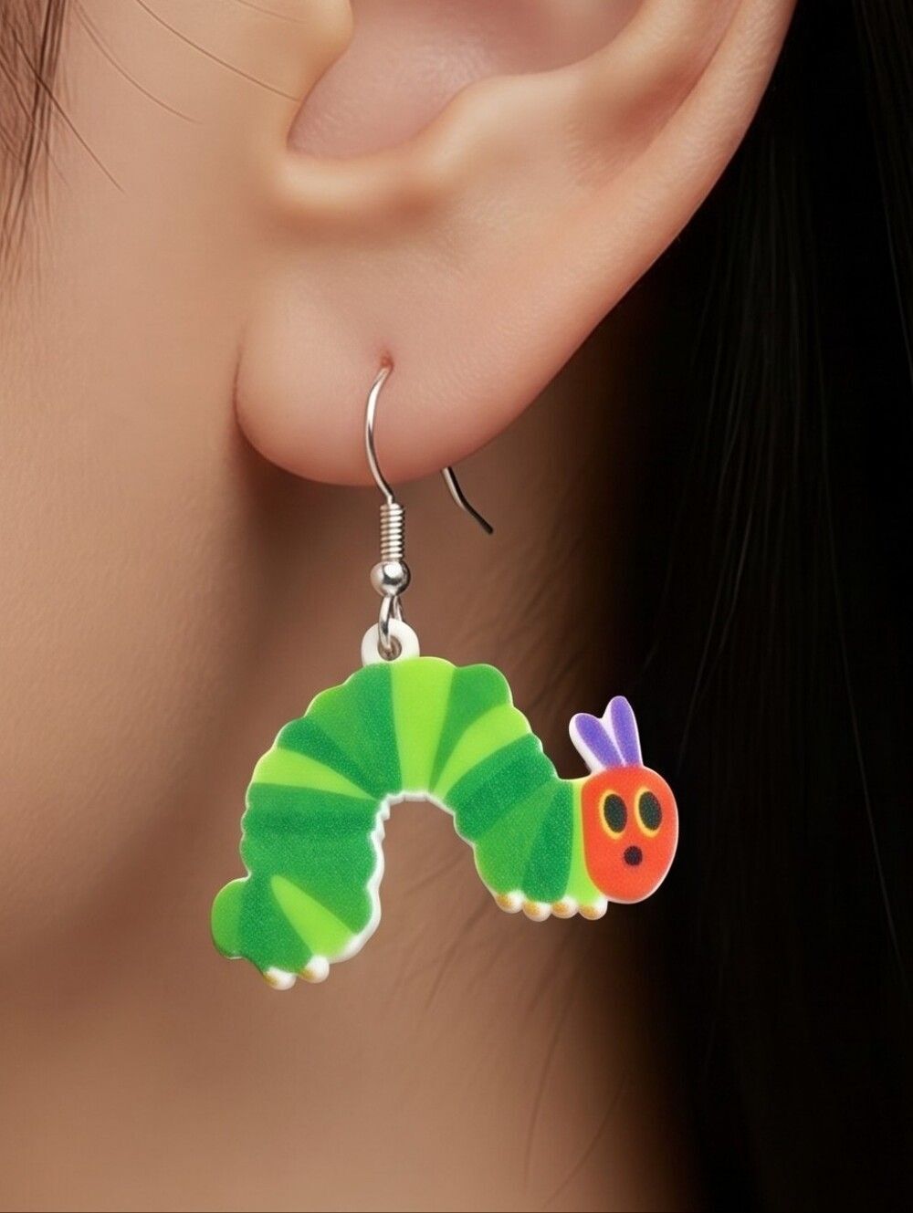Hungry Caterpillar Earrings Green Acrylic Dangle Teacher Librarian Book Lover